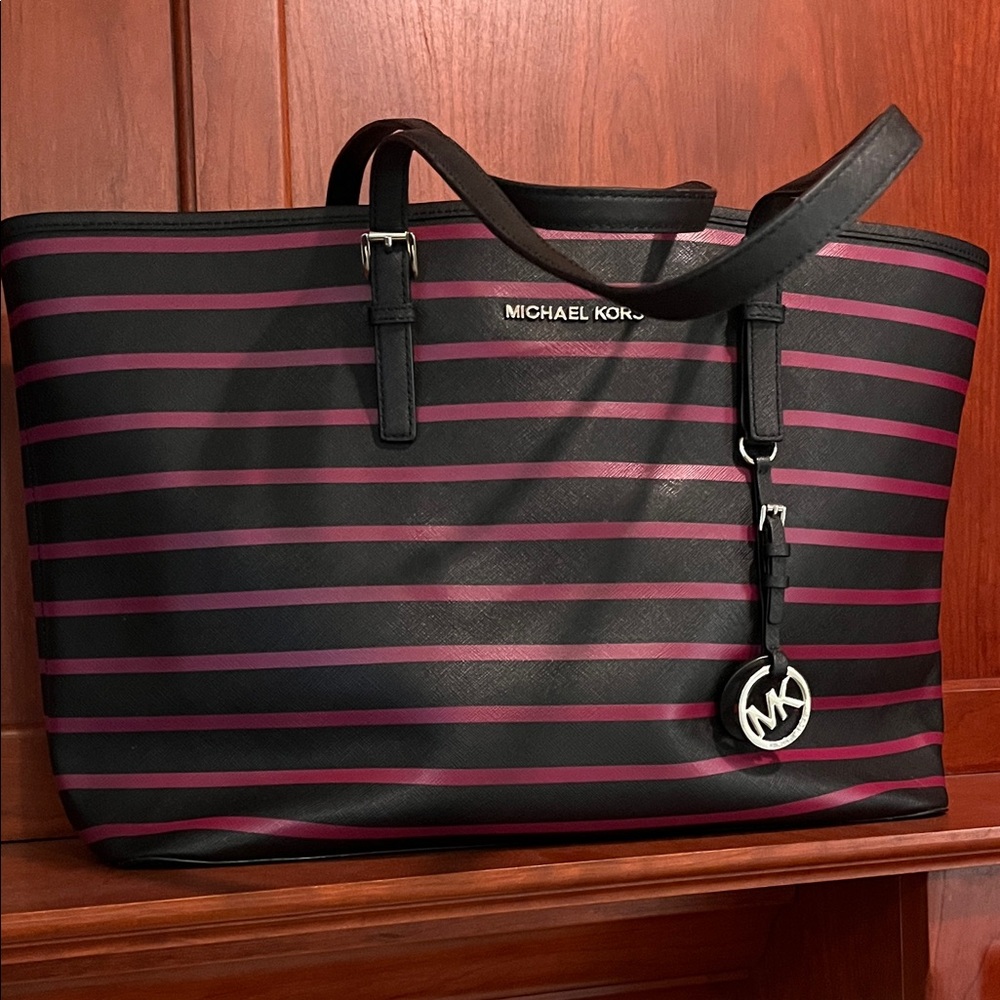 Michael Kors Black and Dark Pink Striped Tote